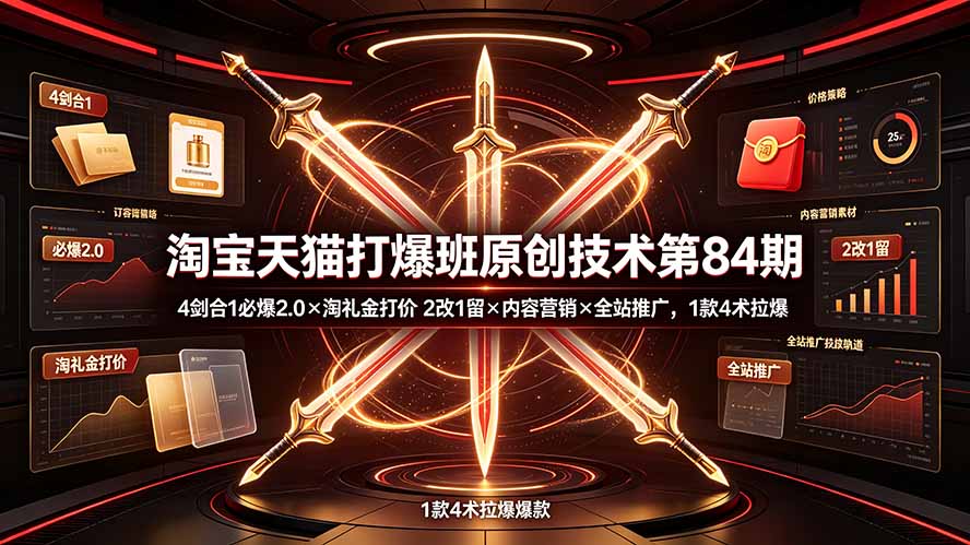 淘宝天猫打爆班原创技术第84期：4剑合1必爆2.0×淘礼金打价×2改1留×内容营销×全站推广，1款4术拉爆-禾谷轻创网