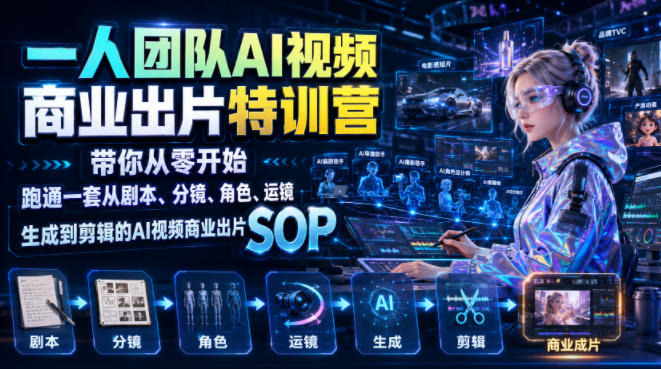 一人团队AI视频商业出片实战课：带你从零开始跑通一套从剧本、分镜、角色、运镜、生成到剪辑的AI视频商业出片SOP-禾谷轻创网