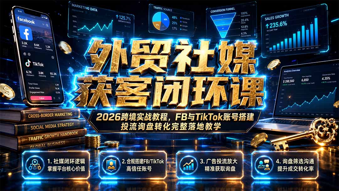 外贸社媒获客闭环课｜2026跨境实战教程，FB与TikTok账号搭建投流询盘转化完整落地教学-禾谷轻创网