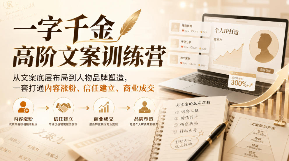 一字千金高阶文案训练营，从文案底层布局到人物品牌塑造，一套打通内容涨粉、信任建立、商业成交-禾谷轻创网