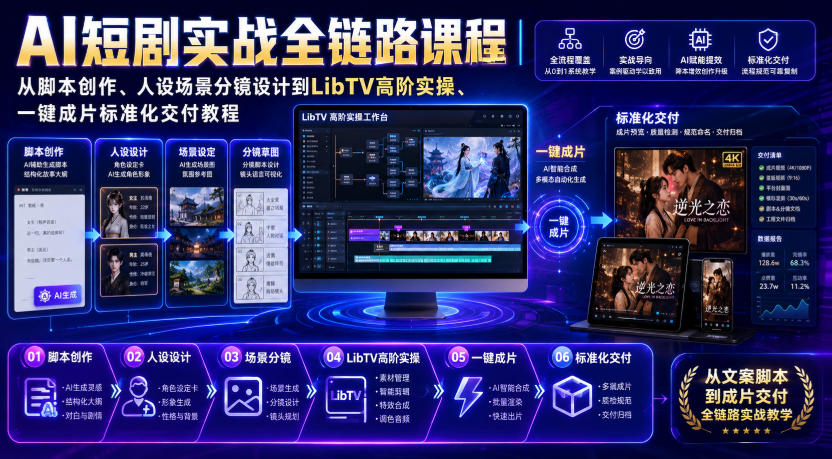 AI短剧实战全链路课程｜从脚本创作、人设场景分镜设计到LibTV高阶实操、一键成片标准化交付教程-禾谷轻创网