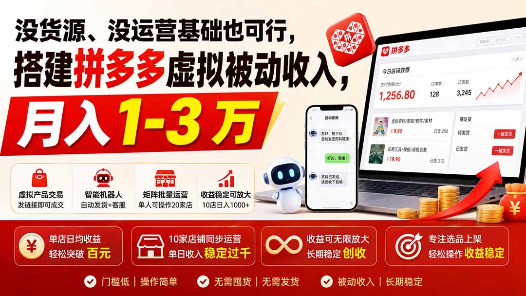 没货源、没运营基础也可行，搭建多多虚拟被动收入，月入 1-3 万-禾谷轻创网