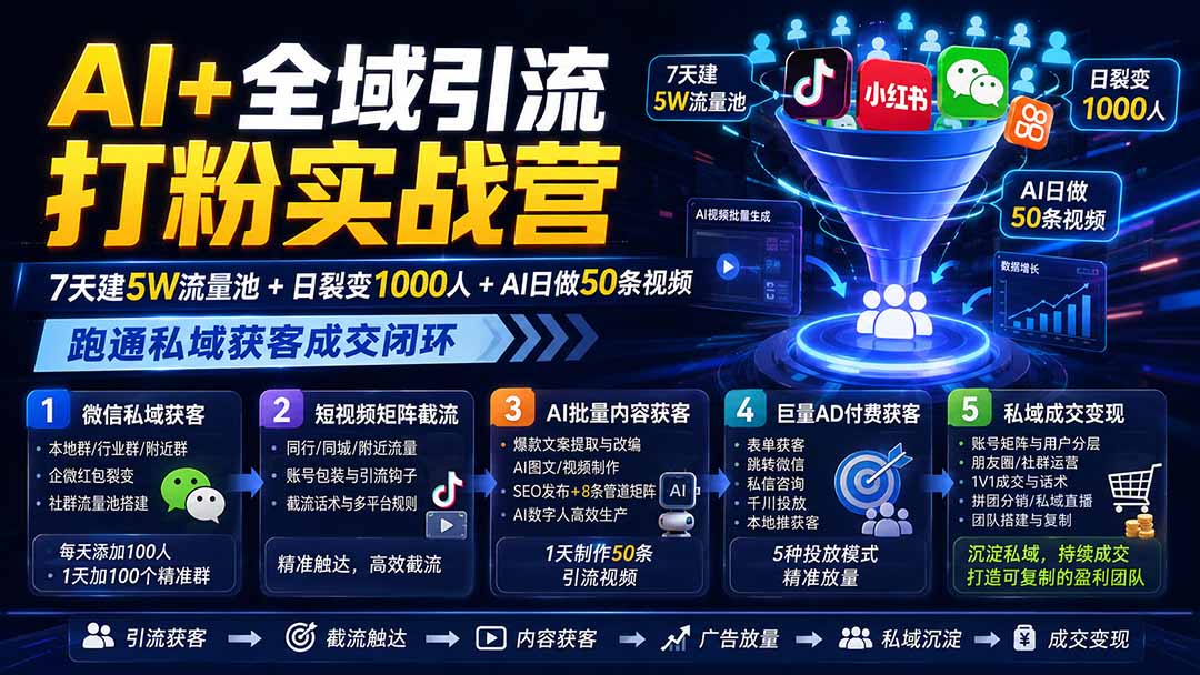 AI+全域引流打粉实战营：7天建5W流量池+日裂变1000人+AI日做50条视频，跑通私域获客成交闭环-禾谷轻创网