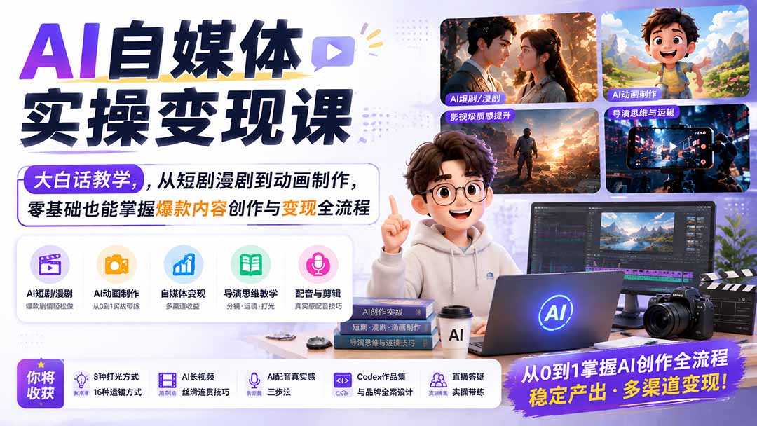 AI自媒体实操变现课｜大白话教学，从短剧漫剧到动画制作，零基础也能掌握爆款内容创作与变现全流程-禾谷轻创网
