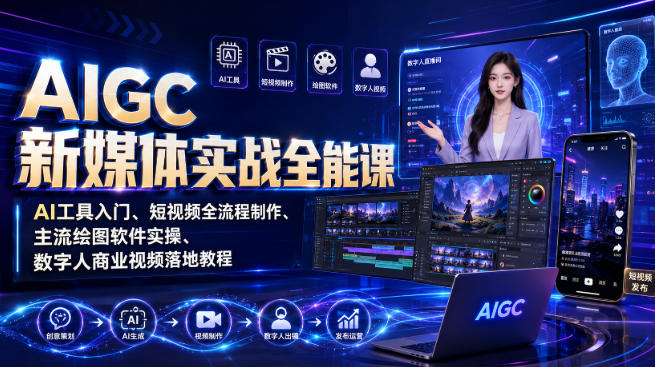 AIGC新媒体实战全能课｜AI工具入门、短视频全流程制作、主流绘图软件实操、数字人商业视频落地教程-禾谷轻创网