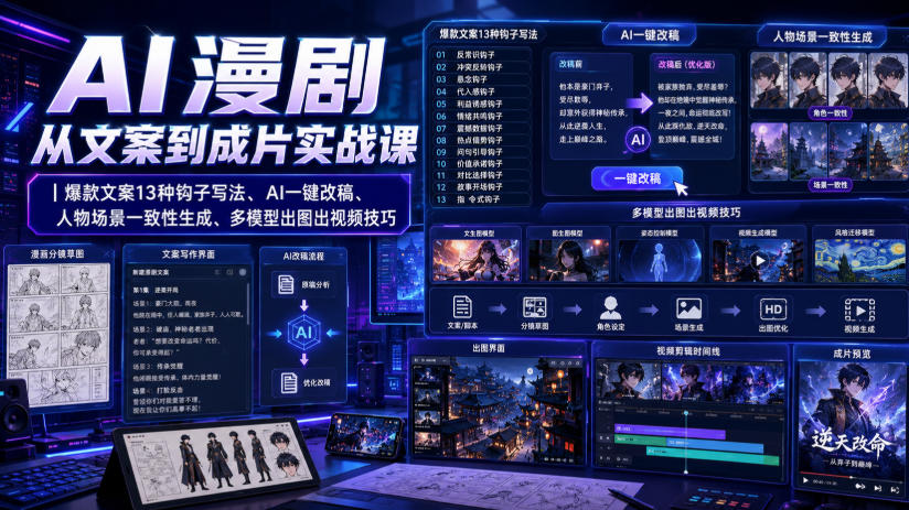 AI漫剧从文案到成片实战课|爆款文案13种钩子写法、AI一键改稿、人物场景一致性生成、多模型出图出视频技巧-禾谷轻创网