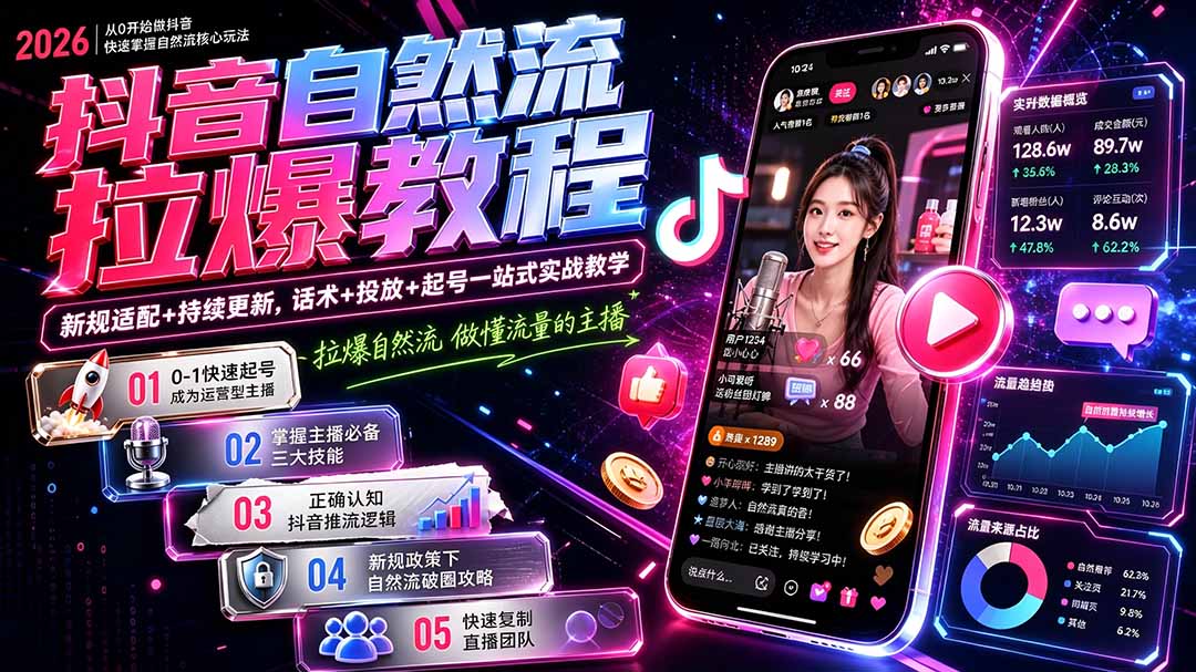 抖音自然流拉爆教程-更新7月:做懂流量的主播,新规适配+持续更新,话术+投放+起号一站式实战教学-禾谷轻创网