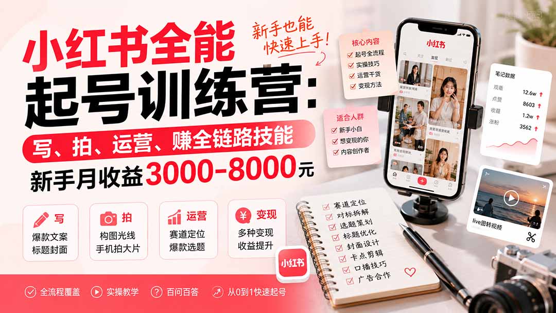 小红书全能起号训练营-更新：写、拍、运营、赚全链路技能，新手月收益3000-8000元-禾谷轻创网
