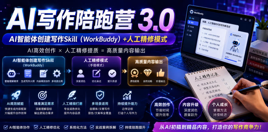 AI写作陪跑营3.0，Ai智能体创建写作skill(workbuddy)+人工手写模式(手搓模式)，去除AI痕迹(头条号、公众号、百家号)(更新0806)-禾谷轻创网