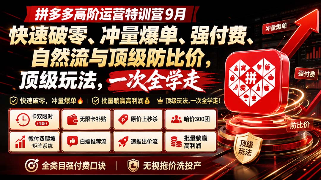 拼多多高阶运营特训营9月：快速破零、冲量爆单、强付费、自然流与顶级防比价， 顶级玩法，一次全学走-禾谷轻创网