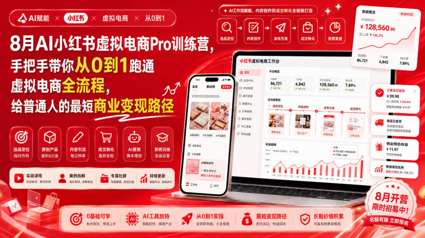 8月AI小红书虚拟电商Pro训练营，手把手带你从0到1跑通虚拟电商全流程，给普通人的最短商业变现路径-禾谷轻创网