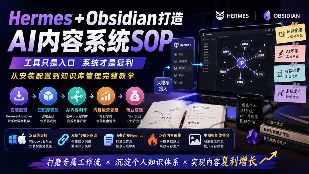 Hermes+Obsidian打造AI内容系统SOP；工具只是入口系统才是复利，从安装配置到知识库管理完整教学-禾谷轻创网