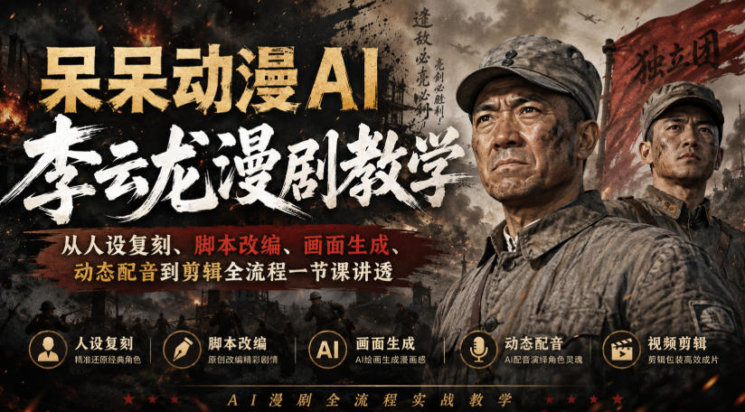 呆呆动漫AI李云龙漫剧教学,从人设复刻、脚本改编、画面生成、动态配音到剪辑全流程一节课讲透-禾谷轻创网