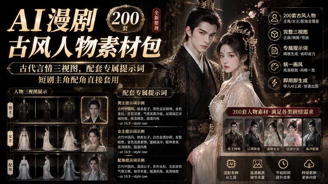 AI漫剧古风人物素材包+提示词|200 套古代言情三视图,配套专属提示词短剧主角配角直接套用-禾谷轻创网