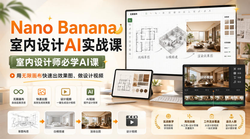 Nano Banana室内设计AI实战课，室内设计师必学AI课，用无限画布快速出效果图、做设计视频-禾谷轻创网