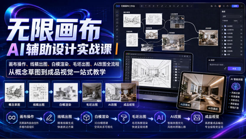 无限画布AI辅助设计实战课｜画布操作、线稿出图、白模渲染、毛坯出图、AI改图全流程，从概念草图到成品视觉一站式教学-禾谷轻创网