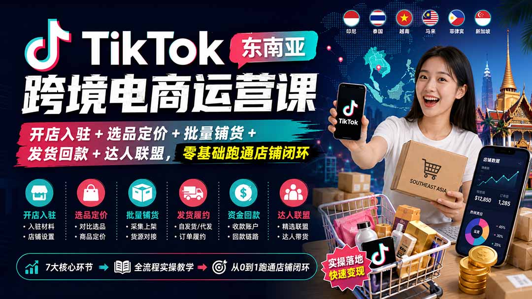 TikTok东南亚跨境电商运营课：开店入驻+选品定价+批量铺货+发货回款+达人联盟，零基础跑通店铺闭环-禾谷轻创网