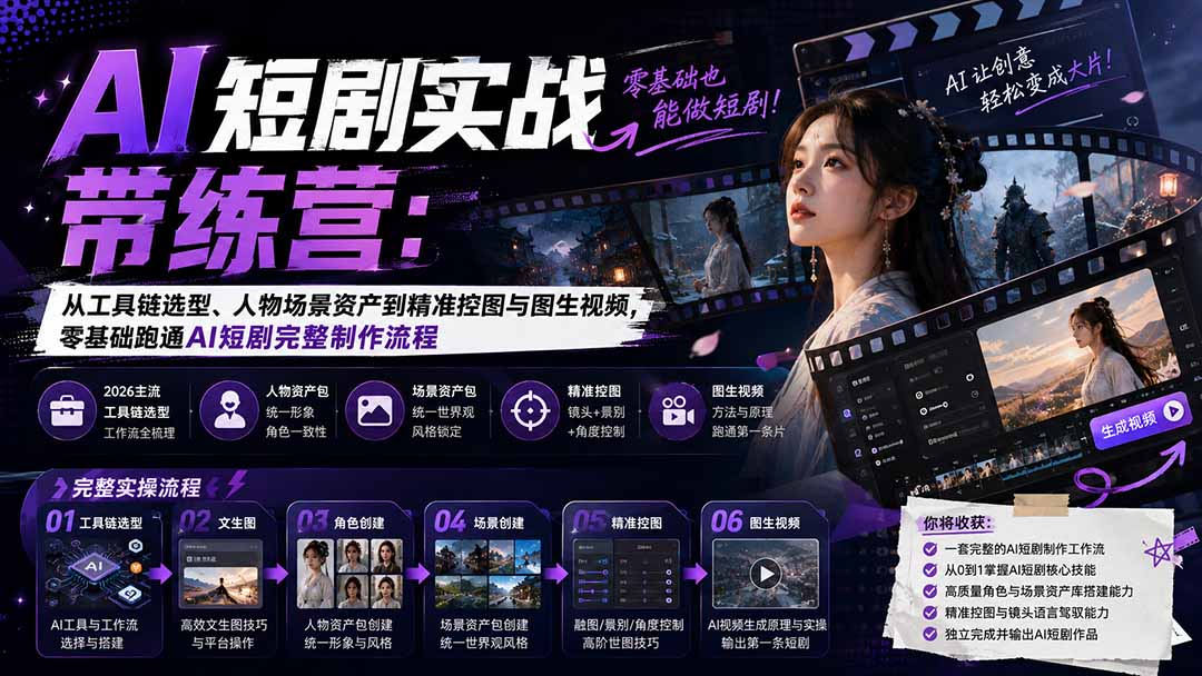 AI短剧实战训练营：从工具链选型、人物场景资产到精准控图与图生视频，零基础跑通AI短剧完整制作流程-禾谷轻创网