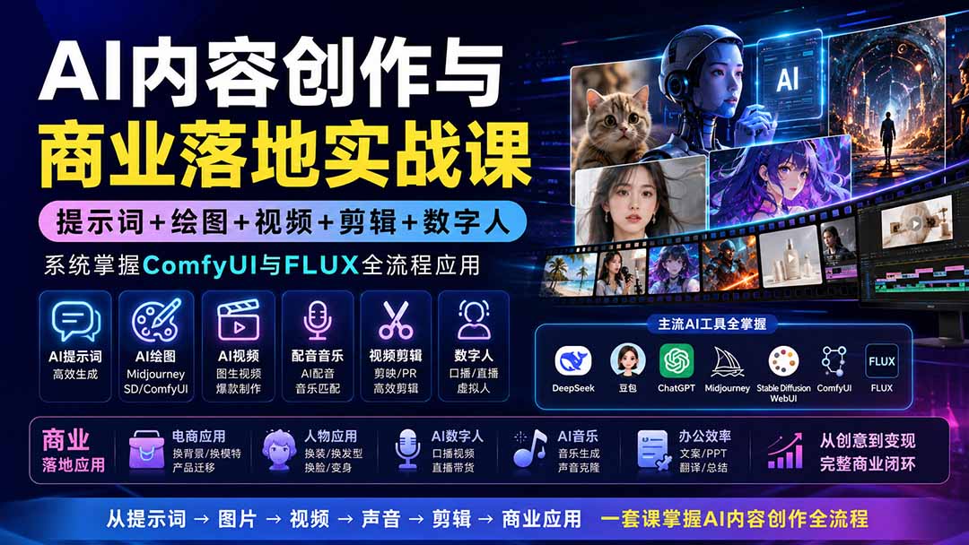 AI内容创作与商业落地实战课：提示词+绘图+视频+剪辑+数字人，系统掌握ComfyUI与FLUX全流程应用-禾谷轻创网