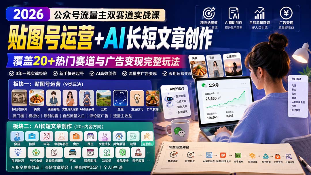 公众号流量主双赛道实战课：贴图号运营+AI长短文章创作，覆盖20+热门赛道与广告变现完整玩法-禾谷轻创网