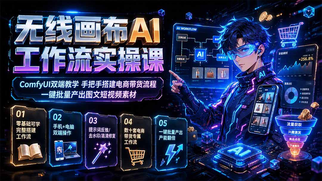 无线画布AI工作流实操课｜ComfyUI双端教学，手把手搭建电商带货流程，一键批量产出图文短视频素材-禾谷轻创网