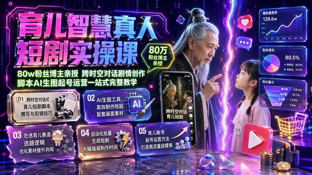 育儿智慧真人短剧实操课｜80w粉丝博主亲授，跨时空对话剧情创作，脚本AI生图起号运营一站式完整教学-禾谷轻创网