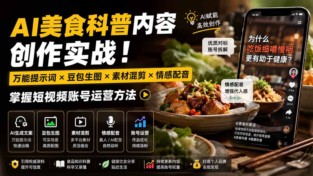 外面卖199元-AI美食科普内容创作实战！万能提示词×豆包生图×素材混剪×情感配音，掌握短视频账号运营方法-禾谷轻创网