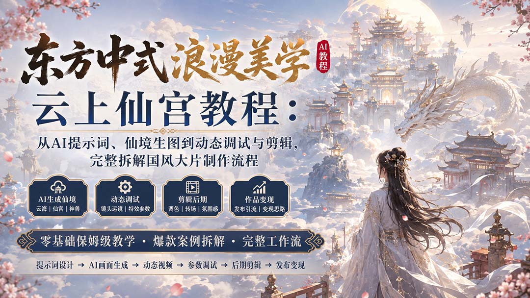 东方中式浪漫美学云上仙宫教程：从AI提示词、仙境生图到动态调试与剪辑，完整拆解国风大片制作流程-禾谷轻创网