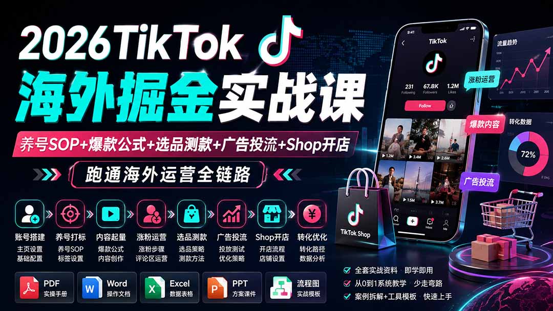 2026TikTok海外掘金实战课——养号SOP+爆款公式+选品测款+广告投流+Shop开店，跑通海外运营全链路-禾谷轻创网