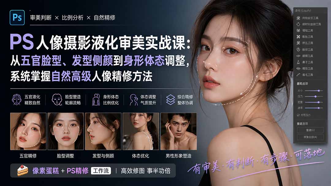 PS人像摄影液化审美实战课：从五官脸型、发型侧颜到身形体态调整，系统掌握自然高级人像精修方法-禾谷轻创网