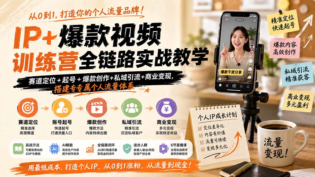 IP+爆款视频训练营全链路实战教学;赛道定位+起号+爆款创作+私域引流+商业变现,搭建专属个人流量体系-禾谷轻创网