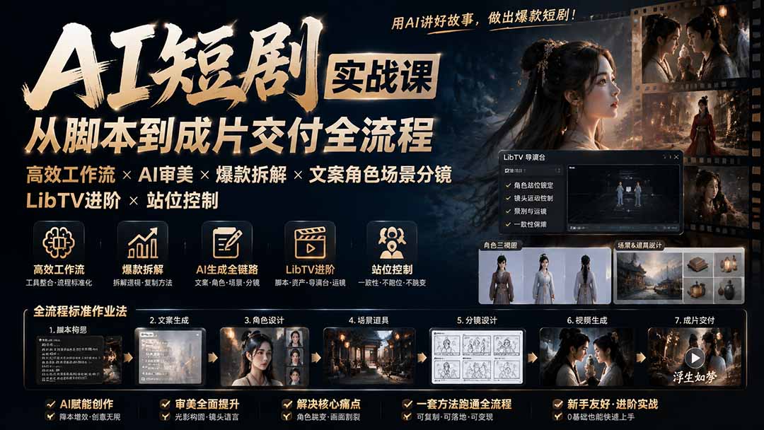 AI短剧实战课：高效工作流×AI审美×爆款拆解×文案角色场景分镜×LibTV进阶×站位控制×从脚本到成片交付全流程-禾谷轻创网