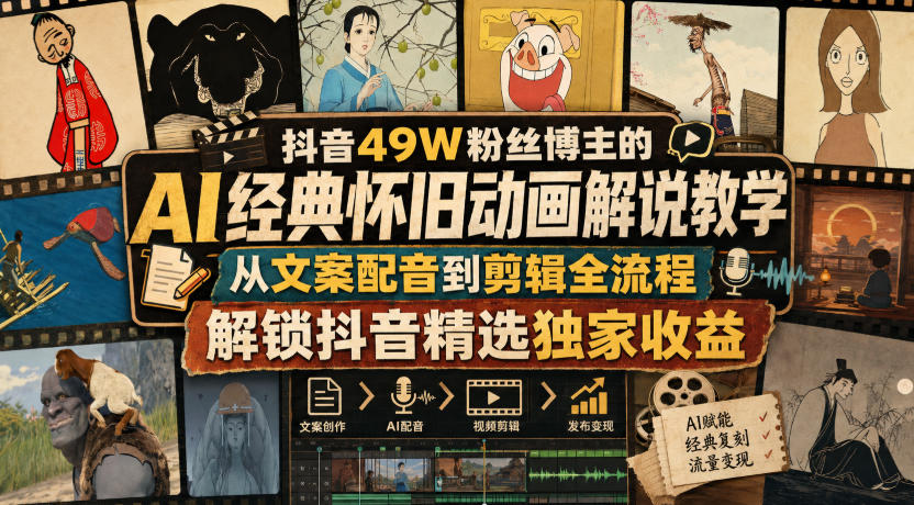 抖音49W粉丝博主的AI经典怀旧动画解说教学，从文案配音到剪辑全流程，解锁抖音精选独家收益-禾谷轻创网