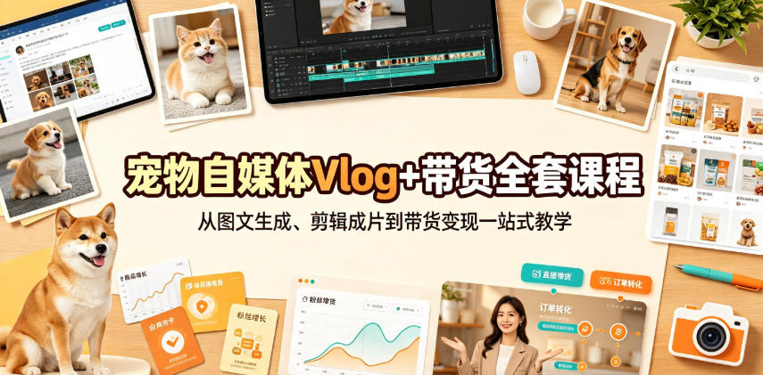 宠物自媒体Vlog+带货全套课程｜从图文生成、剪辑成片到带货变现一站式教学-禾谷轻创网