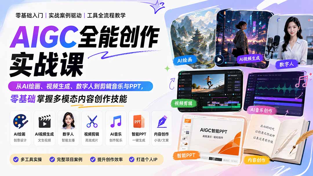 AIGC全能创作实战课：从AI绘画、视频生成、数字人到剪辑音乐与PPT，零基础掌握多模态内容创作技能-禾谷轻创网
