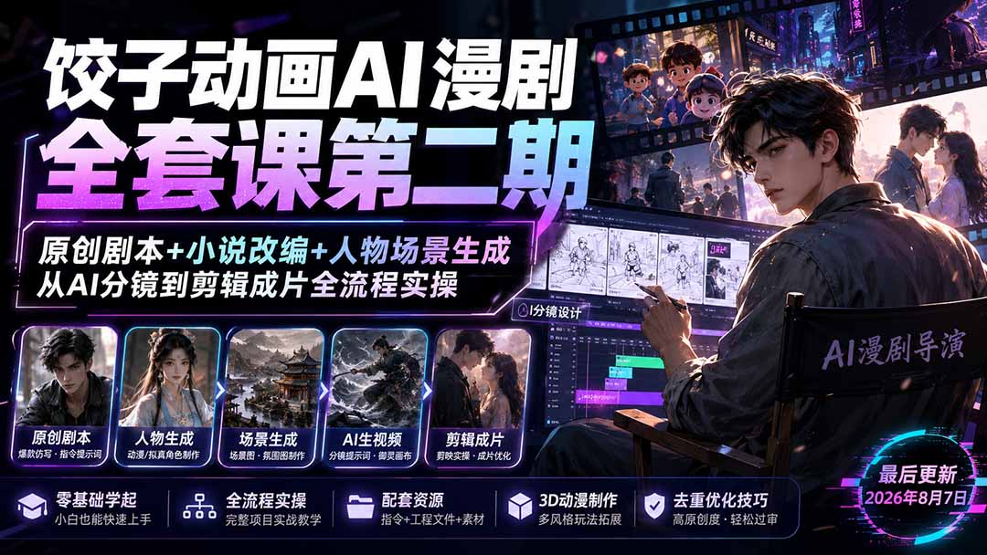 饺子动画AI漫剧全套课第二期：原创剧本+小说改编+人物场景生成，从AI分镜到剪辑成片全流程实操-禾谷轻创网