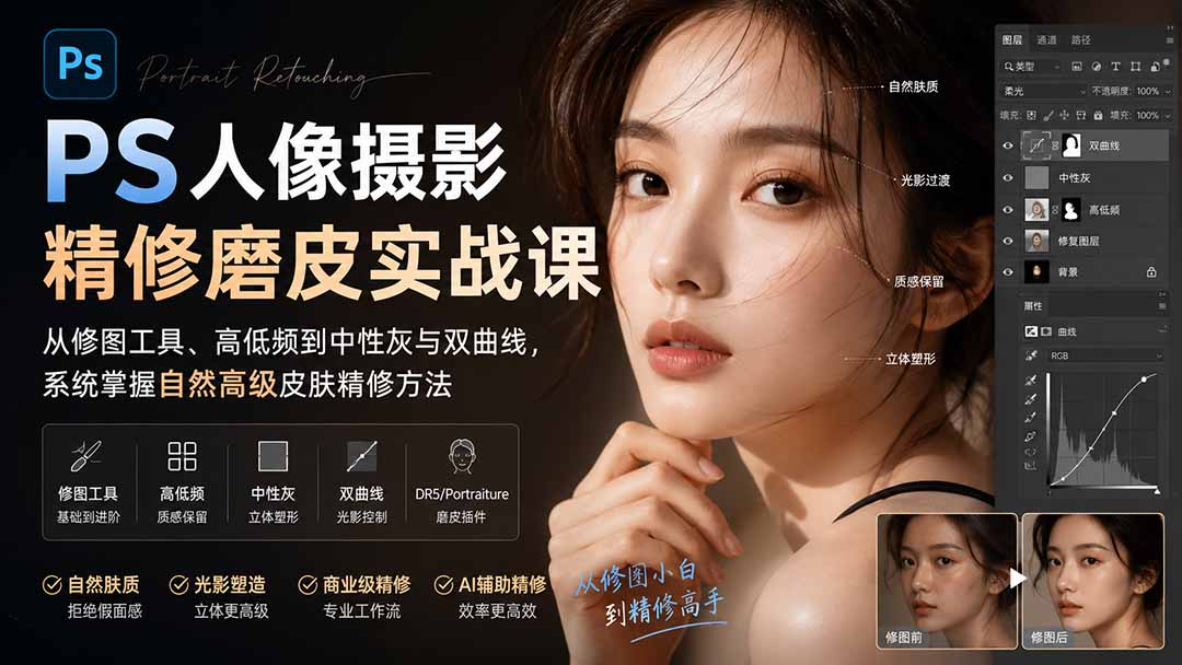 PS人像摄影精修磨皮实战课：从修图工具、高低频到中性灰与双曲线，系统掌握自然高级皮肤精修方法-禾谷轻创网