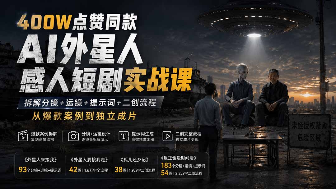 400W点赞同款AI外星人感人短剧实战课：拆解分镜+运镜+提示词+二创流程，从爆款案例到独立成片-禾谷轻创网