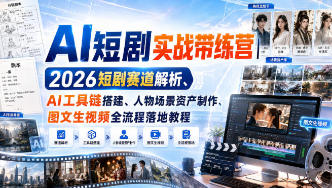AI短剧实战带练营｜2026短剧赛道解析、AI工具链搭建、人物场景资产制作、图文生视频全流程落地教程-禾谷轻创网