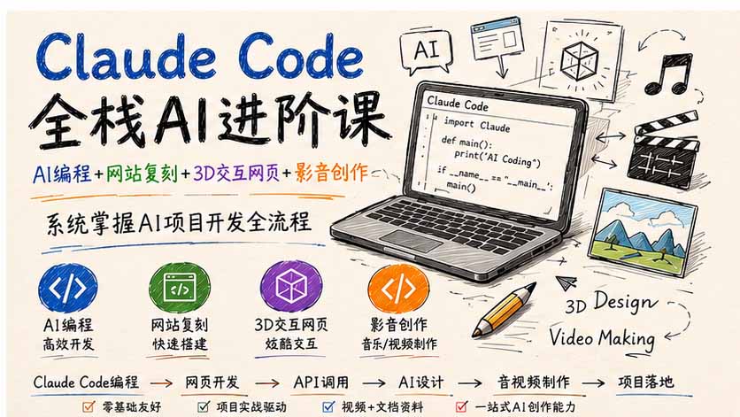 Claude Code全栈AI进阶课；AI编程+网站复刻+3D交互网页+影音创作，系统掌握AI项目开发全流程-禾谷轻创网