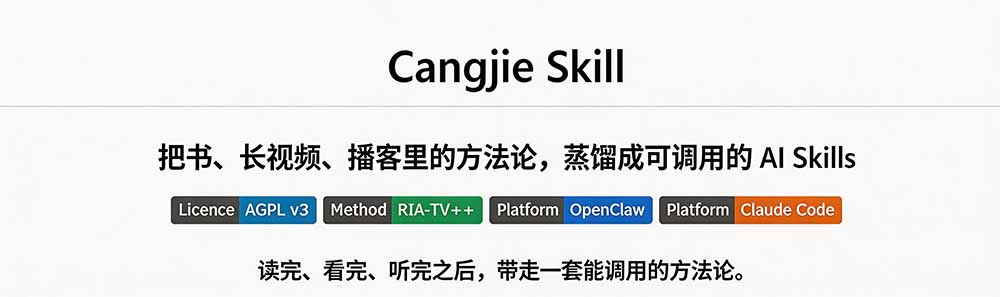 图片[1]-全网走红！GitHub上6.7K Star的开源项目，把任何书、长视频、播客蒸馏成AI工具，值得收藏 cangjie-skill-禾谷轻创网