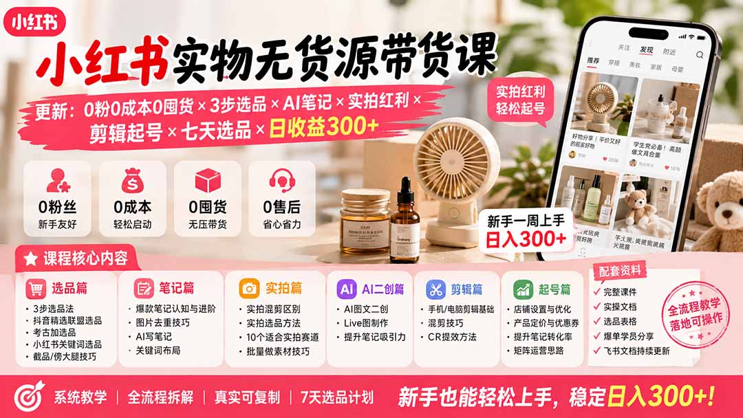 小红书实物无货源带货课-更新：0粉0成本0囤货×3步选品×AI笔记×实拍红利×剪辑起号×七天选品×日收益300+-禾谷轻创网