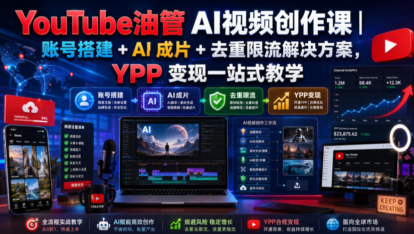 YouTube油管AI视频创作课|账号搭建+AI成片+去重限流解决方案,YPP变现一站式教学-禾谷轻创网
