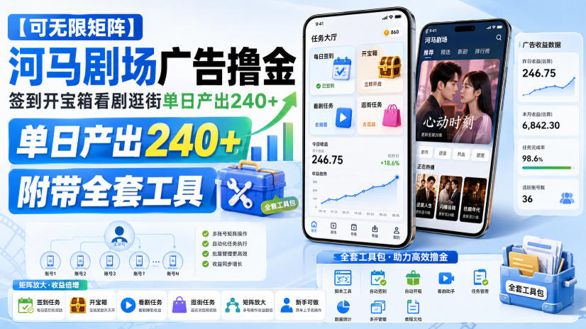 【可无限矩阵】河马剧场广告撸金，签到开宝箱看剧逛街单日产出240+，附带全套工具【揭秘】-禾谷轻创网