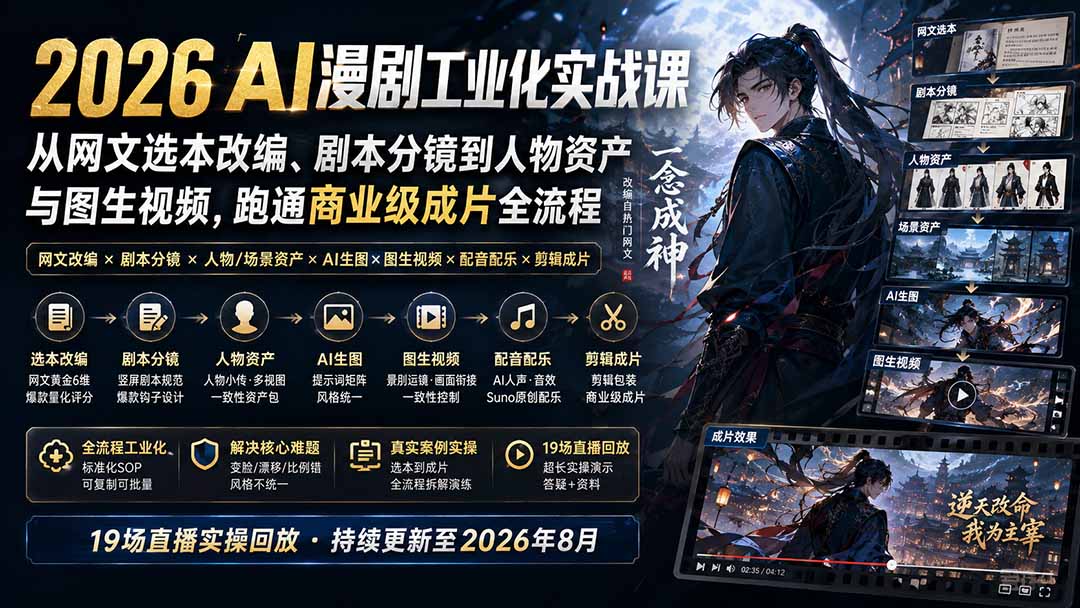 2026 AI漫剧工业化实战课-更新：从网文选本改编、剧本分镜到人物资产与图生视频，跑通商业级成片全流程-禾谷轻创网