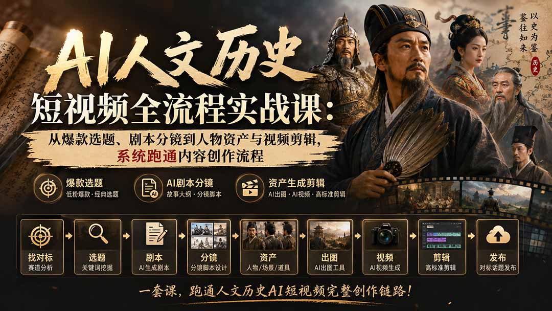AI人文历史短视频全流程实战课：从爆款选题、剧本分镜到人物资产与视频剪辑，系统跑通内容创作流程-禾谷轻创网