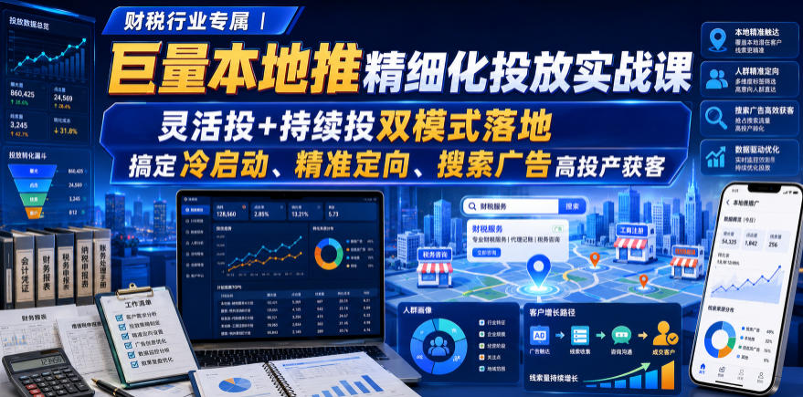 财税行业专属|巨量本地推精细化投放实战课,灵活投+持续投双模式落地,搞定冷启动、精准定向、搜索广告高投产获客-禾谷轻创网