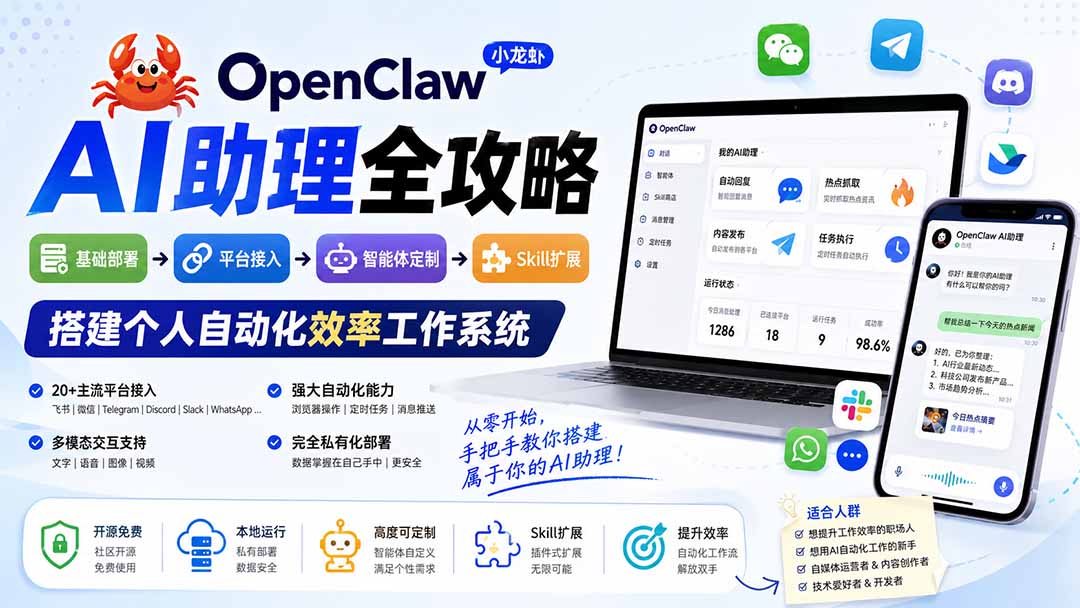 OpenClaw小龙虾 AI助理全攻略：基础部署→平台接入→智能体定制→Skill扩展，搭建个人自动化效率工作系统-禾谷轻创网