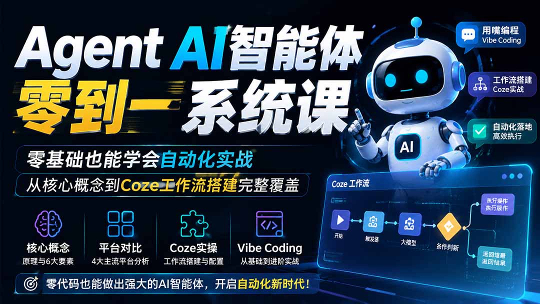 Agent AI智能体零到一系统课；零基础也能学会自动化实战，从核心概念到Coze工作流搭建完整覆盖-禾谷轻创网