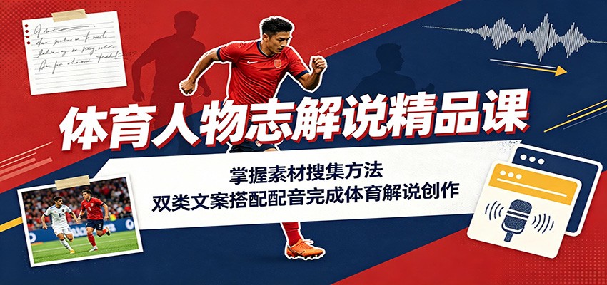 体育人物志解说精品课:掌握素材搜集方法,双类文案搭配配音完成体育解说创作-禾谷轻创网